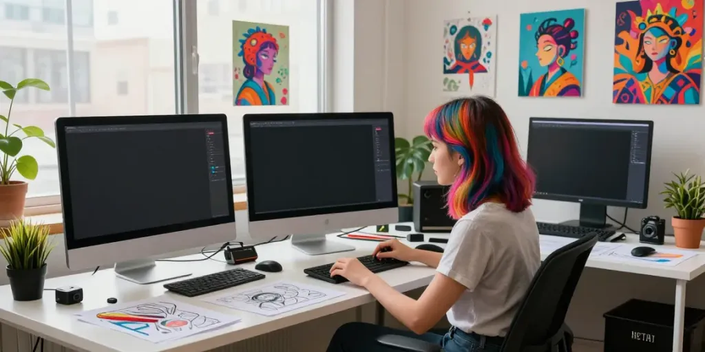 Digital artist creating vibrant 18+ AI artwork in a modern studio.